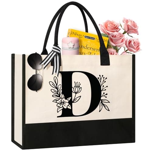 Image of Tecanne Personalized Initial Canvas Tote Bag, Cosmetic Bags, Suitable for Birthday, Wedding, Beach, Holiday, Great Birthday Gifts for Women, Mom, Teachers, Nurses, Best Friends, Bridesmaids (D)
