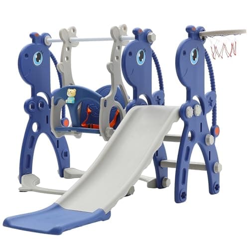Image of FUKEA Baby Swing Slide, 5-in-1 Toddler Slide and Swing Set with Musical Story Box, Climb Frame, Basketball Hoop, Outdoor Indoor Kids Slide for Toddler Age 1-3, Baby Garden Swing