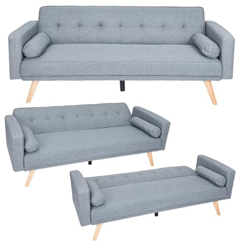 Image of CROWNSHOP 3 Seater Sofas Modern Sofa Beds with Wooden Legs Adjustable Angle Sofas & Couches With 2 Armrests for Living Room/Spare Room/Guest Room Dark Gray