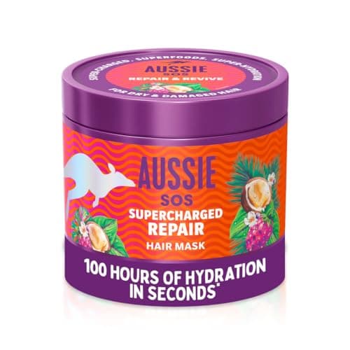 Image of Aussie SOS Supercharged Repair Hair Mask 500ml for Dry and Damaged Hair. Helps Repair and Protect Against Damage Leaving Hair Soft, Smooth and Hydrated for 100 Hours. Vegan Formula