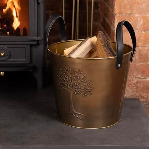 Image of CHARLES BENTLEY Snug Mulberry Small Leather Handle Log Bucket, Metal, Leather, Antique Gold Coloured, Timeless Style, Tree Logo, 4kg Log Capacity, Rustic, Powder Coated, Fireside, 1.4kg (35x35x31cm)