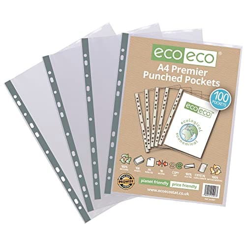 Image of eco-eco A4 100% Recycled Premier Multi Punched Pockets Glass Clear, Transparent Poly Wallet Sheet Protector, 90 Microns (Pack of 100)