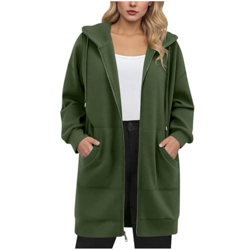 Image of Army Green Women's Hooded Sweatshirt - Longline, Plus Size, Lightweight Fleece Lined, Solid Color, Drawstring, Hoodie, Zip Up, with Pockets, Plus Size Casual Hoodie Jackets for Ladies UK XL
