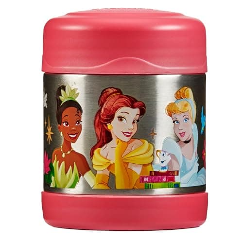 Image of Thermos - Disney Princesses Food Flask (290ml) - BPA Free, Stainless Steel, Spill Proof, Cinderella, Rapunzel Thermal Kids Flask with Personalised Name Labels for Lunch Box, 5 Hours Hot & 7 Hours Cold