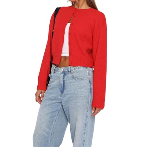 Image of Womens Y2K Cardigan Sweaters Long Sleeve Open Front Button Down Crop Sweater Solid Knit Pullover Fall Outfits Tops (Red, M)
