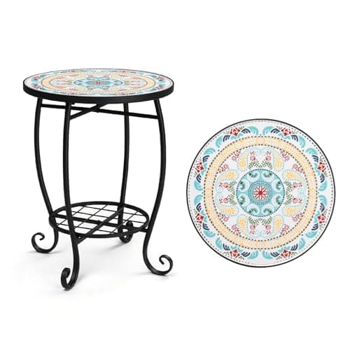 Image of Bonnlo Mosaic Garden Table, Small Outdoor Table with 35cm Ceramic Top, Round Plant Stand for Garden/Balcony, Moroccan Mint