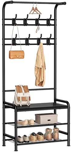 Image of HOMIDEC Coat Stand, 182cm Coat Rack with Shoe Bench Removable Hooks Hanging Rail, Coat and Shoe Rack for Hallway Entryway Small Space, Black