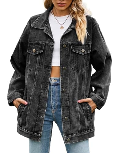 Image of Sukany Women's Casual Denim Jacket Oversized Button Up Turn Down Collar Loose Long Sleeve Mid Long Coat Black S