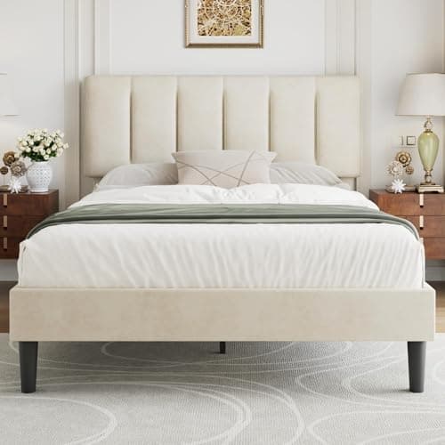 Image of VECELO 4FT6 Double Bed Frame Upholstered Platform with Adjustable Headboard, Velvet Fabric, Sturdy Wooden Slat Support, No Box Spring Needed, Easy Assembly, Beige