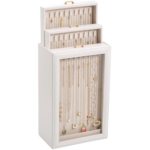 Image of Lolalet Necklace Organizer Box, Jewellery Storage Boxes with Clear Lid for Necklaces, Tangle-Free Necklace Display Case for Women Girls -White, 3-Layer