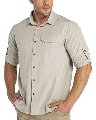 Image of 33,000ft Men's Long Sleeve Hiking Shirt Lightweight Quick Dry UV Button Shirts with Pockets Outdoor Shirts for Safari Walking Fishing Khaki S