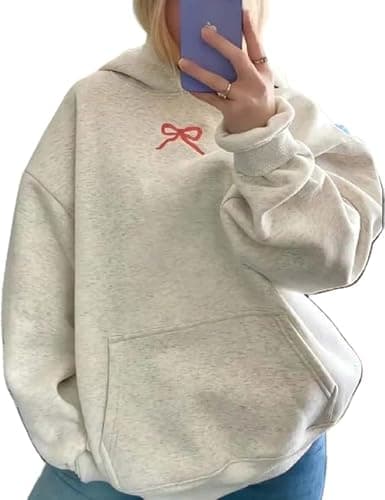 Image of Embroidery Hoodies Women Cute Bowknot Graphic Preppy Pullover for Teen Girl Oversized Long Sleeve Hood Sweatshirt Y2k Hoodies Retro Aesthetics Pullover Tops Red S