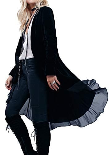 Image of R.Vivimos Autumn Winter Women Velvet Ruffle Coat Casual Vintage Long Jacket Collarless Classic Swallowtail Hem Blazer(XLarge,Black)