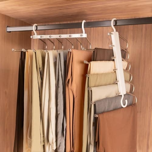 Image of Harbour Housewares Trouser Hanger - Pack of 1 (6 Rails) Space Saving 6-in-1 Wardrobe Organiser and Space Saver Trouser Rack Closet Clothing Storage with Dual Swivel Hooks for Trousers, Jeans
