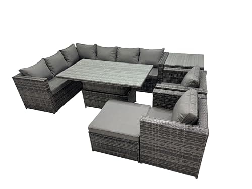 Image of FMSGarden 9-seater Height Adjustable Rising Lifting Table Corner Sofa Set Rattan Garden Furniture Dining Set with Big Stool Side Table Dark Grey Mixed
