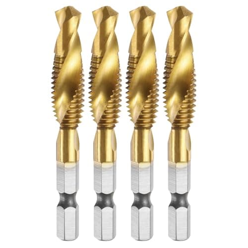 Image of sourcing map 4pcs Combination Drill and Tap Bit, Metric M10 x 1.5 Thread 1/4" Hex Shank, Titanium Coated Threading Screw Taps Spiral Flute Tapping Tool, High Speed Steel (HSS) 4341