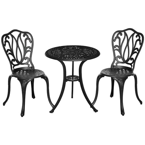 Image of Outsunny 3 Piece Garden Bistro Set, Cast Aluminium Outdoor Furniture Set with Umbrella Hole for Balcony, Porch, Patio, Black