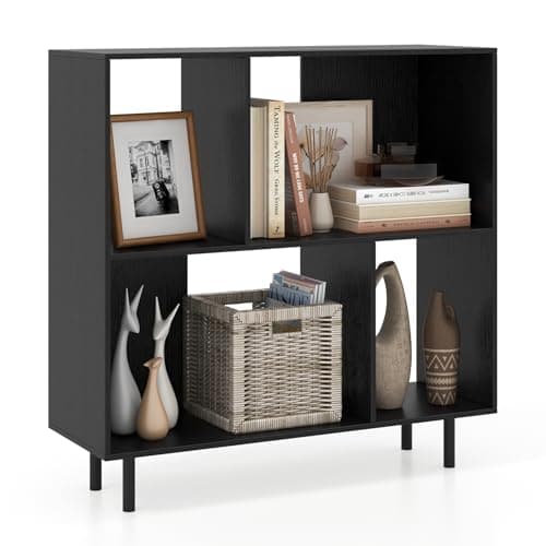 Image of COSTWAY 4/6 Cube Storage Bookcase, Wooden Freestanding Bookshelf Side Cabinet with Metal Legs, Home Display Rack Organizer Unit for Living Room Hallway (Black, 90 x 30 x 90cm)