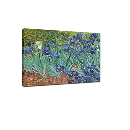 Image of Wieco Art - Irises Modern Stretched and Framed Floral Giclee Canvas Print By Van Gogh Famous Flowers Oil Paintings Reproduction Artwork Pictures on Canvas Wall Art for Bedroom Home Decorations