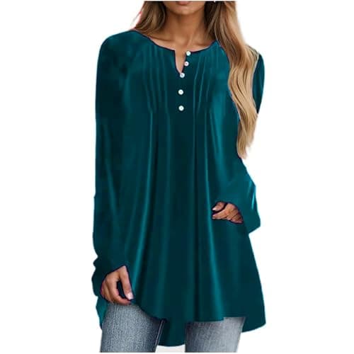 Image of Keepink Ladies Jumpers Size 8-22 Velvet Tops for Women UK Long Sleeve Henley Blouses Pleated Button V Neck T Shirts Oversized Dressy Elegant Casual Shirts Party Longine Tunic Top