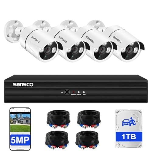 Image of SANSCO 5MP 8 Channel Wired CCTV Security Camera System, 8CH DVR with 1TB Hard Drive, 4x 3K Home Outdoor Surveillance Cameras, Color Night Vision, Audio Recording, Human Face Vehicle Detection, P2P