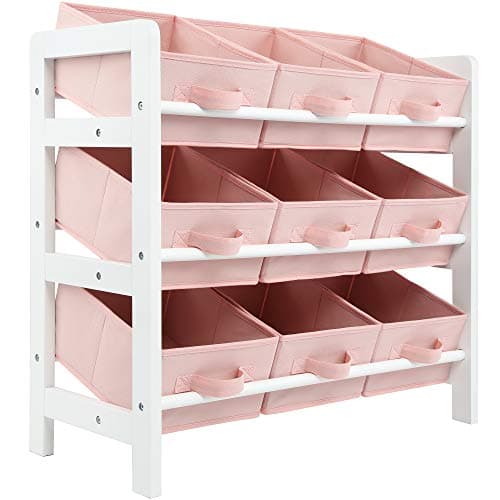 Image of Charles Jacobs 3 Tier Toy Storage Unit with 9 Fabric Boxes for Kids Bedroom (Pink)