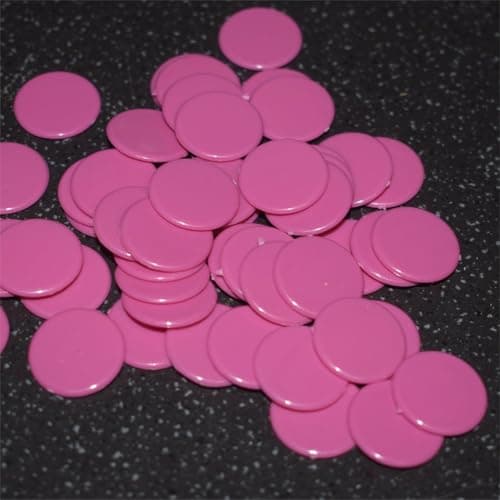 Image of 15mm plastic games counters. pack of 50 counters. Each counter measures 15mm x 1.3mm thick (Pink)