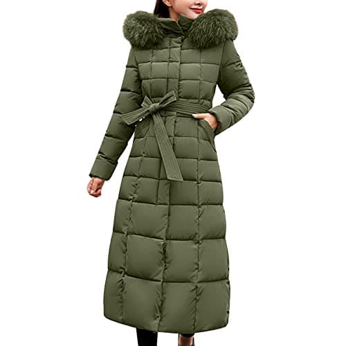 Image of TEPTDirio Women's Long Quilted Coat Hooded Down Jackets Maxi Length Long Sleeve Puffer Jacket Padded Coat Windbreaker with Belt Ladies Plus Size Cardigan Tops Winter Warm Outerwear