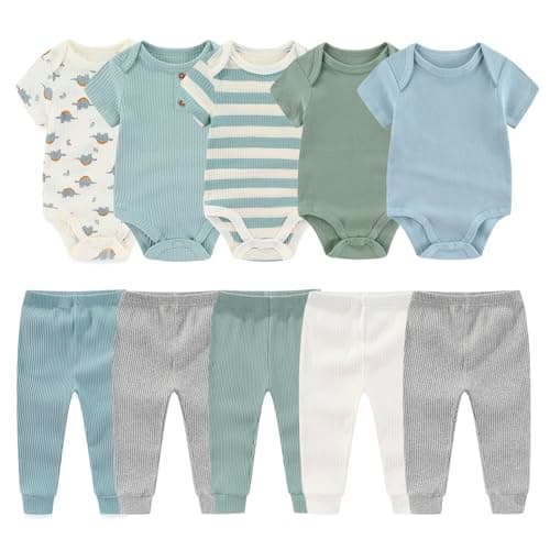 Image of MAMIMAKA 10-Piece Baby Bodysuit Pant Set Cotton Baby Boys Clothes Bule One-Piece, 6-9 Months