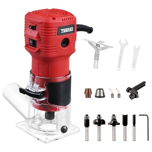Image of TEENO Compact Electric Hand Wood Trimmer 650W 15000-32000 RPM,with Dust Cover,6 Variable Speeds,Profession Router Trimmer with 5PCS 1/4" Shank Router Bits,Includes Base 6/6.35mm