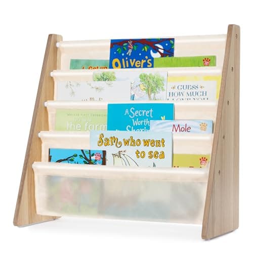 Image of LIVIVO Colorful Kids Bookshelf - 4 Tier Children's Bookcase, Magazine and Book Storage Rack, Wooden Sling Book Organizer, Book Shelf for Kids Room, Bedroom, Nursery, Playroom (Natural)