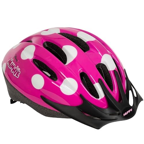 Image of Disney Minnie Mouse Girls Bike Helmet Pink Polka Dot Design Adjustable Safety Helmet for Kids Aged 3+ Lightweight with visor and ventilation 50–54cm