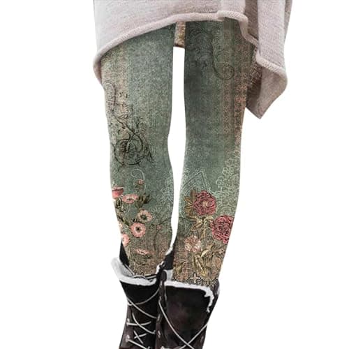 Image of kuiazelit Patterned Leggings for Women UK - Women's Stretch Print Leggings Full Length Leggings Soft Elastic Leggings Tights Workout Gym Yoga Stretchy Pants Trouser Warm Casual Outfits Green