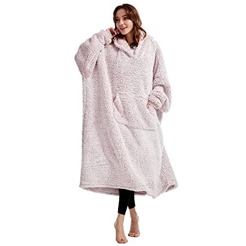 Image of Oversized Teddy Fleece Hoodie Blanket for Women Cuddly Sherpa Wearable Snuggle Blanket Hoody for Adults Kids Men Teenager, Super Warm and Soft,Pink, Oversize Long