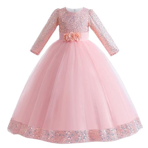 Image of Cichic Flower Girl Dress Long Puffy Sequins Tulle Ball Gowns Pageant Party Wedding Bridesmaid Dresses Pink 8-9 Years