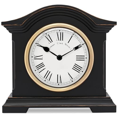 Image of Acctim Falkenburg vintage mantel clock in black with roman numerals, quartz battery mantelpiece clock with aged effect case, antique brass bezel and glass lens for living room