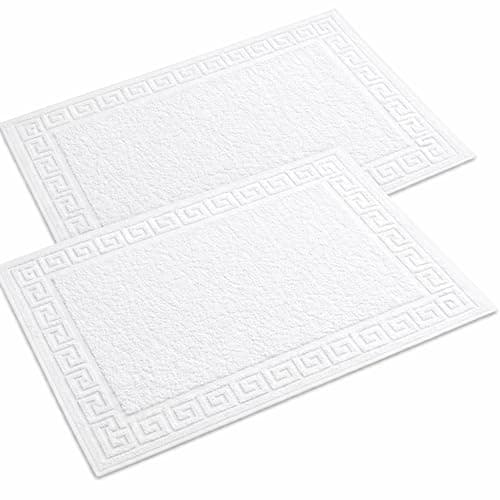 Image of Set of 2 Luxury 100% Egyptian Cotton Greek Key Bath Mats – Ultra Soft Terry Towelling Bathroom Floor Rugs, Highly Absorbent Hotel Quality, 50 x 70 cm (White)