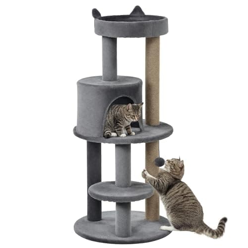 Image of PawHut 104 cm Cat Tree, Cat Condo Tree Tower, Cat Activity Centre with Scratching Posts, Plush Perches, Hanging Ball - Grey