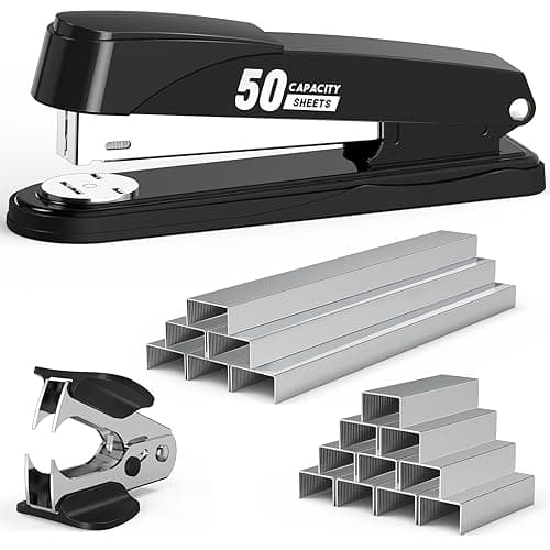 Image of Metal Stapler Heavy Duty 50 Sheet Capacity with 1750 Staples and Staple Remover, Full Strip Staplers for Desk, No Jam, Non-Slip Office Stapler with Staples for Office & Classroom, Black