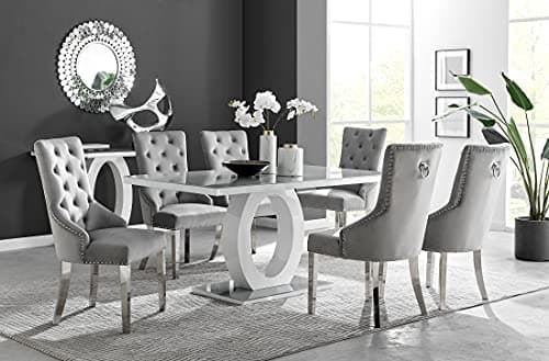 Image of Furniturebox UK Giovani 6 Seater Grey High Gloss & Glass Dining Table Set with 6 Elephant Grey Velvet Belgravia Knocker Back Chairs - Modern Luxury Dining Room Furniture