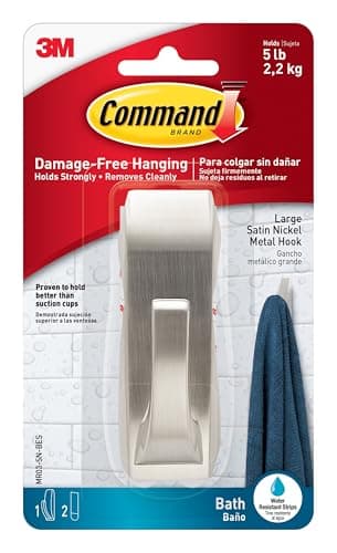 Image of Command Bath Large Modern Reflections Satin Nickel Metal Hook - 1 Hook and 2 Large Adhesive Strips - Hang Towels, Robes and Other Bathroom Accessories - Damage Free Hanging
