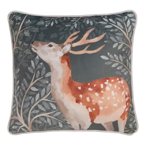 Image of Dreams & Drapes Woodland Deer Velvet Cushion (43 x 43cm) - Grey Flannelette With Filling - Piped Edge - Reversible Design - Forest Animal Cover Included