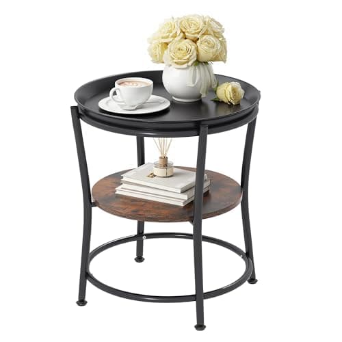 Image of YITAHOME Round Side Table with Two-Tier Storage & Removable Tray, End Table for Living Room, Bedroom, or Apartment, Sturdy Coffee Table, Adjustable Feet, Rustic Brown