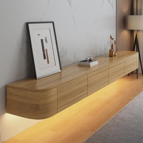 Image of Coubird Floating TV Stand Cabinet wall mounted Brown Floating tv Shelves with LED light & Doors & Drawer Modern Media Entertainment TV Console Storage TV Unit for Living Room (200cm/78in)