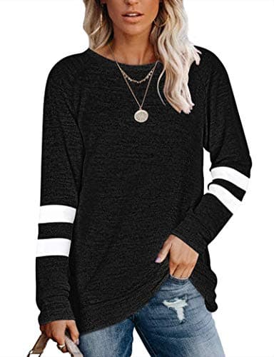 Image of MOLERANI Women Solid Plains Crewneck Sweatshirts Color Block Long Sleeve Sweaters Tunic Tops 2XL Black