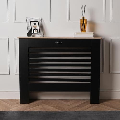Image of OHS Black Radiator Cover Medium, Oak Look Top Stylish Decorative MDF Slatted Top Radiator Cover for Hallway Living Room Bedroom