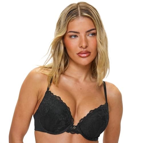 Image of Ann Summers Sexy Lace Padded Boost Bra, A-DD Cup, Curve-Enhancing Womens Underwear with Graduated Push-Up Cups, Underwire Support & Plunge Fit for Double Cleavage Boost Black - Womens Lingerie