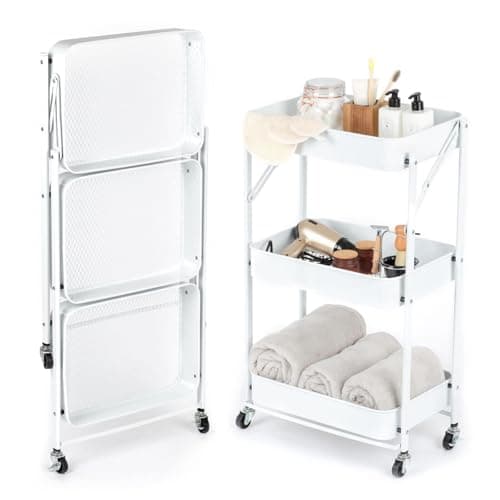 Image of NTEK White 3 Tier Foldable Storage Trolley Cart | Foldable Rolling Carts | Trolley with Locking Wheels