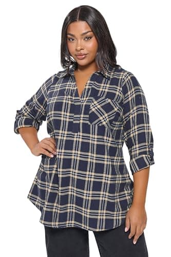 Image of Yours Curve Navy Blue & Check Overhead Collared Shirt - Women's - Plus Size Curve