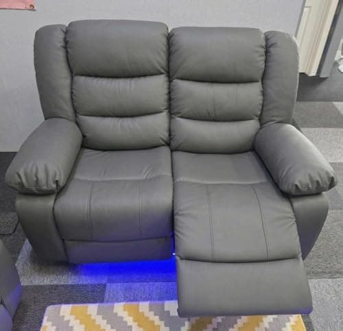 Image of Madrid Leather Electric Recliner Sofa With Cupholders - Leather Sofa - 3+2 Seater - USB Charging Ports - LED Lights (Grey, 2 Seater)